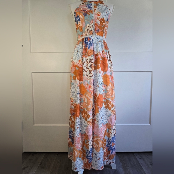 Orange and White Sleeveless Halter Maxi Dress for Resort Wear - Picture 1 of 10